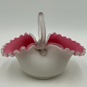 Antique VICTORIAN SATIN GLASS Ruffled Pink Interior White Basket